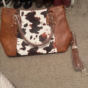 Brown and White Cow Print Women's Handbag